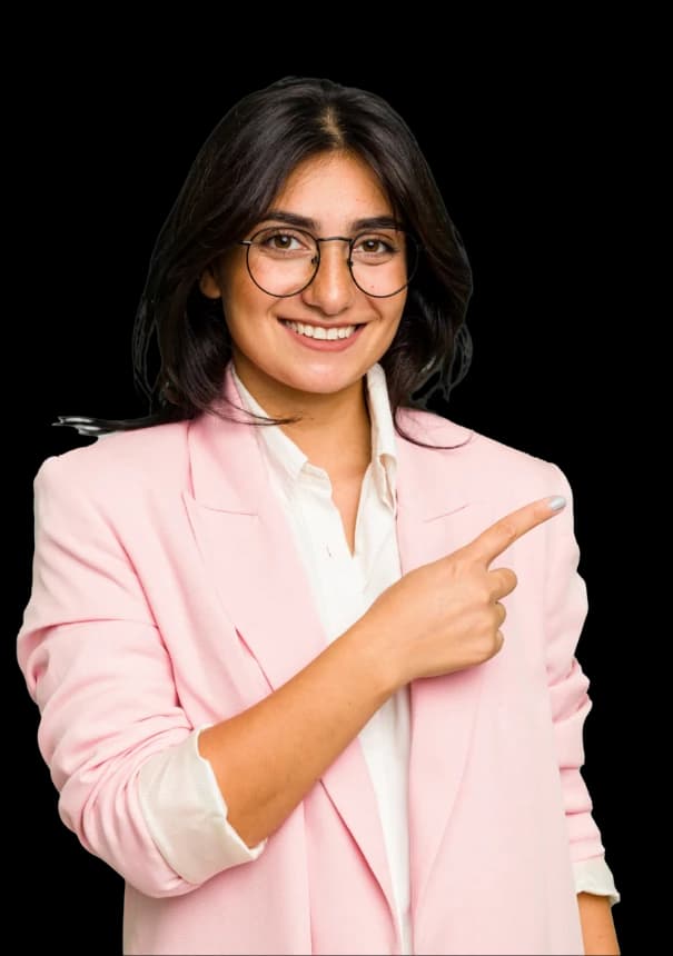 A smiling woman pointing toward the career invitation