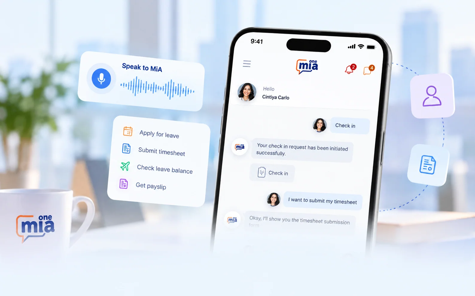MiA ONE chat on a phone with voice, leave and timesheet actions
