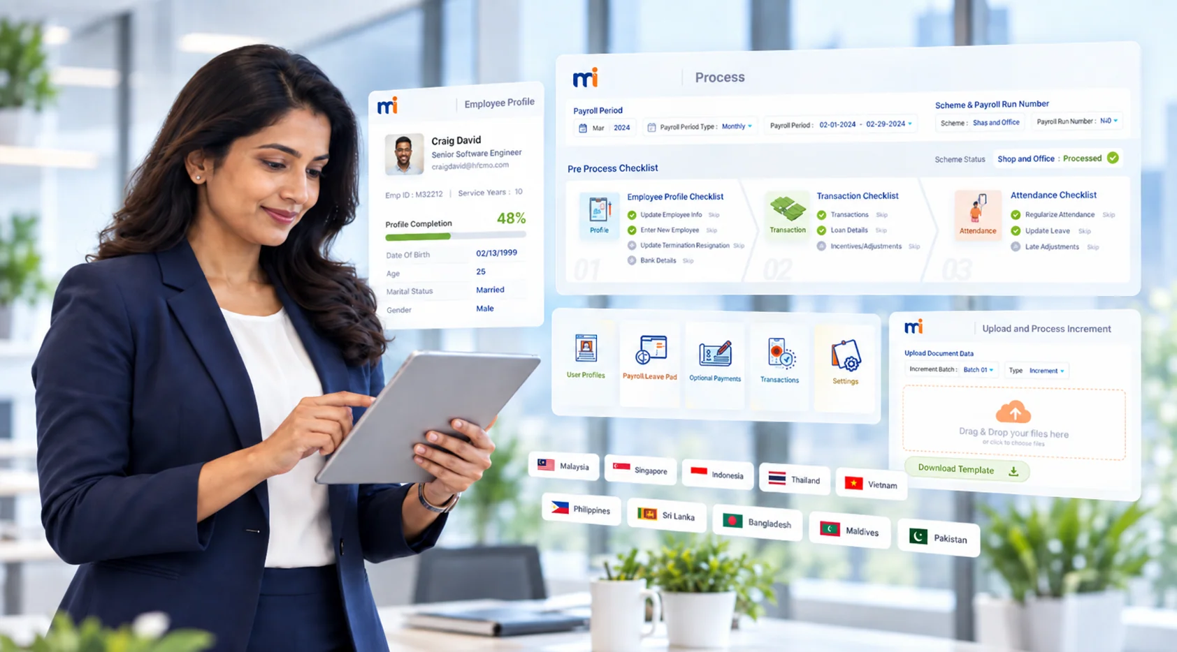 HR professional using MiHCM payroll with country coverage and payroll process screens