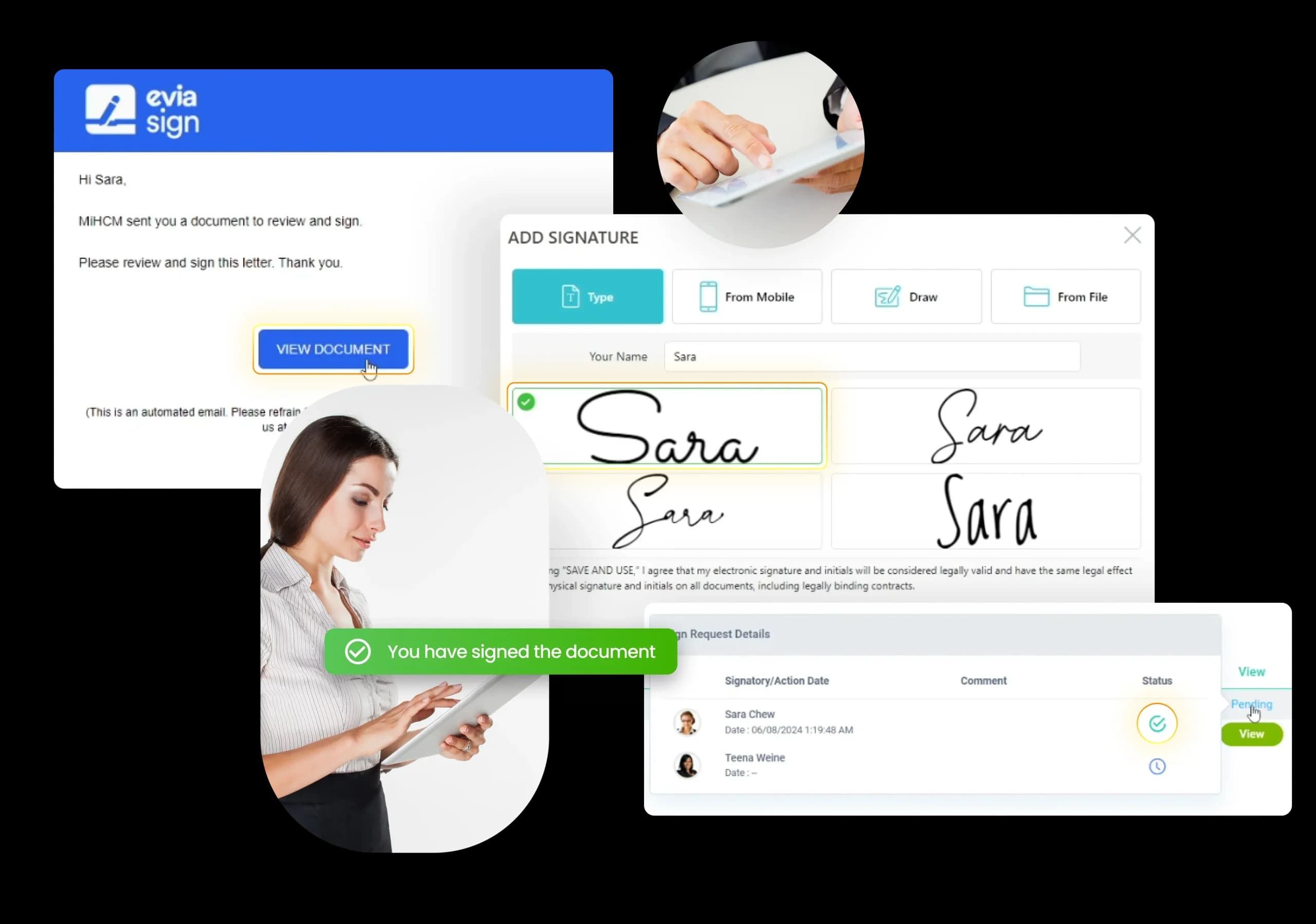 Evia Sign document signing and confirmation within MiHCM