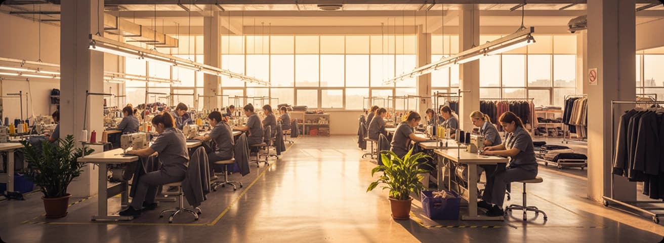 Apparel factory floor with garment workers at sewing stations