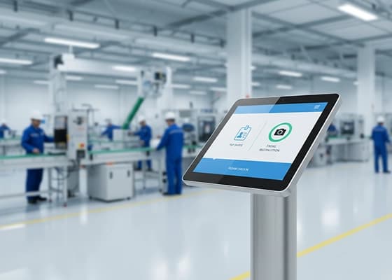 Self-service attendance kiosk on a factory floor