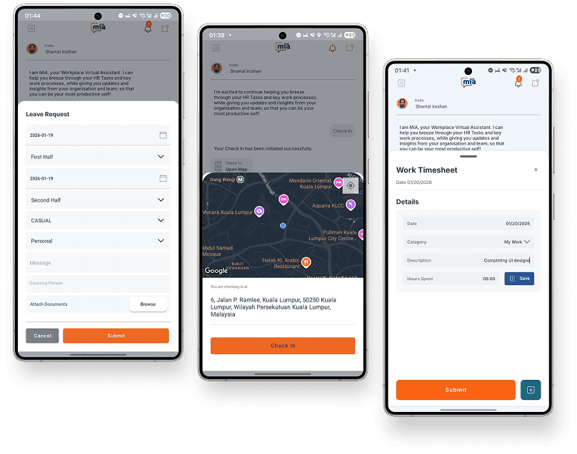 MiA ONE screenshot — chat assistant, attendance