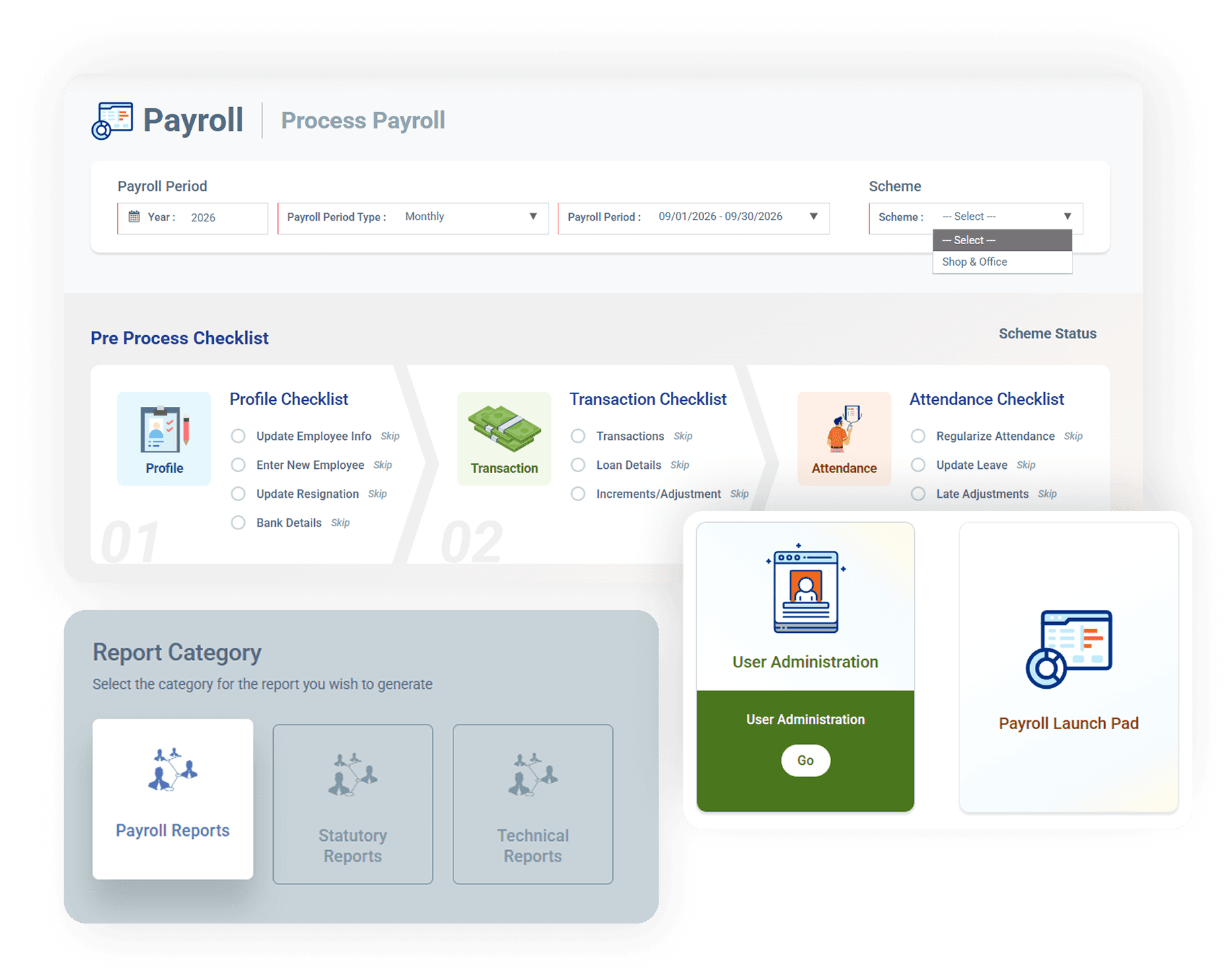 Payroll screenshot — process payroll, reports