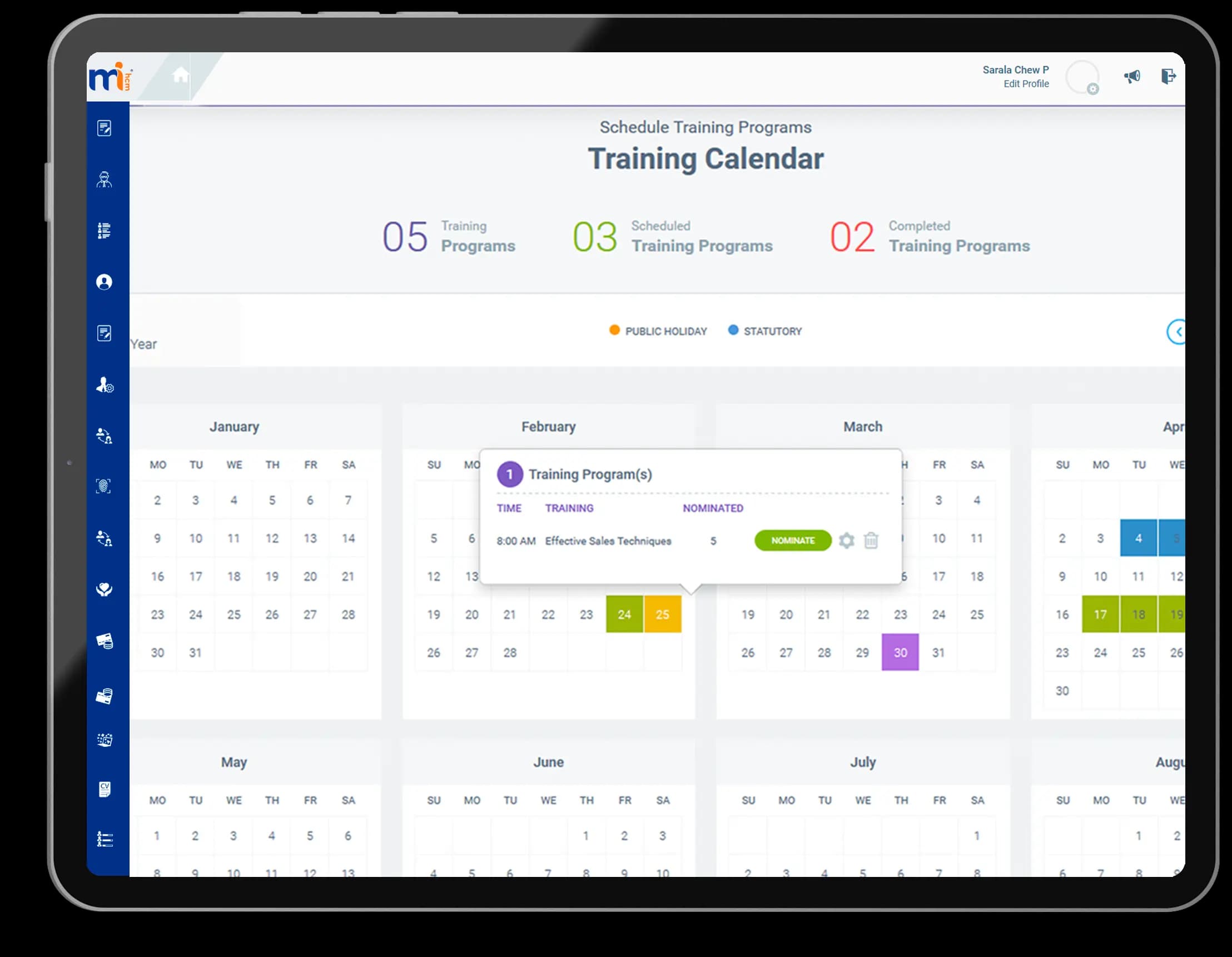 MiHCM Learning Management training calendar displayed on a tablet