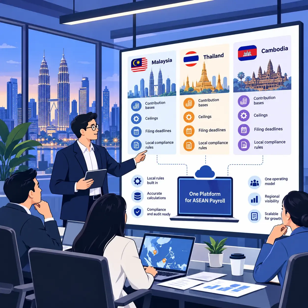 Malaysian regional HQ leaders reviewing a unified ASEAN payroll platform, comparing contribution bases, statutory ceilings, filing deadlines, and local compliance rules for Malaysia, Thailand, and Cambodia, with the Kuala Lumpur skyline in the background.