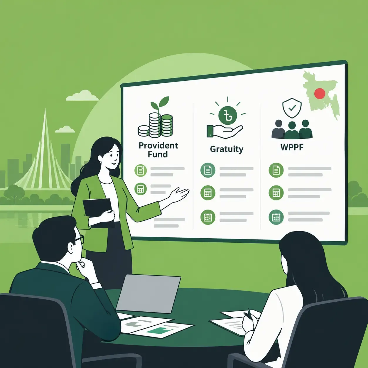 Bangladeshi HR professionals reviewing provident fund, gratuity, and WPPF benefits, with contribution icons, compliance indicators, and a Bangladesh map on a presentation board against a green background.