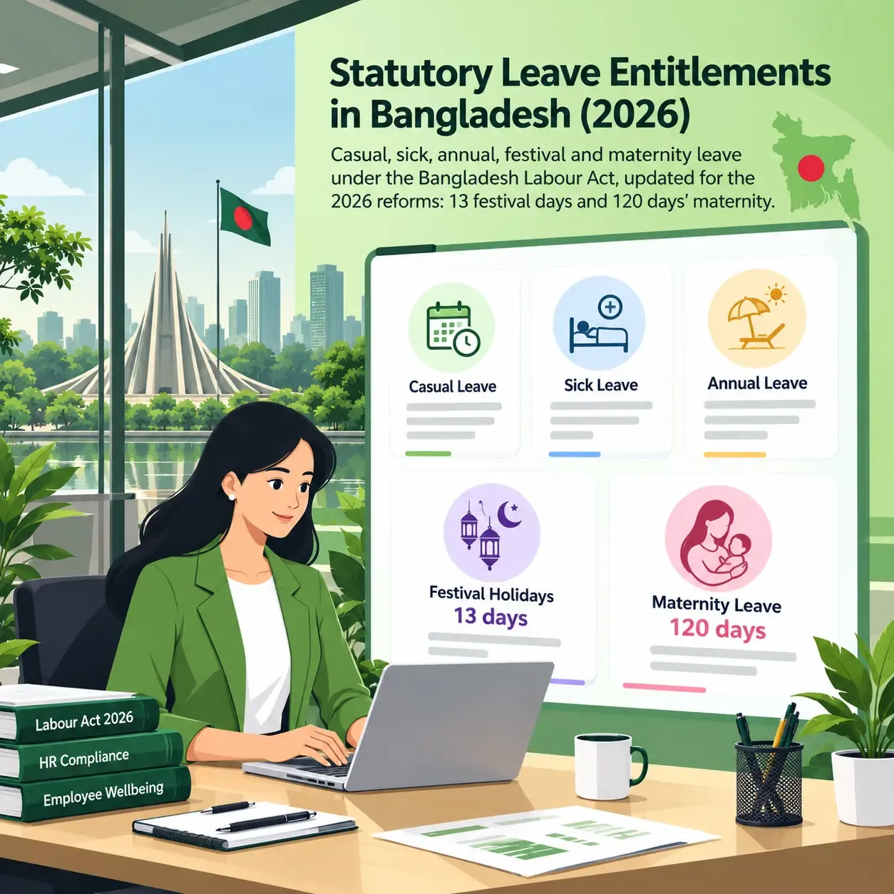 A Bangladeshi HR professional reviewing statutory leave entitlements under the 2026 Labour Act, with an infographic covering casual, sick, annual, festival, and maternity leave, highlighting 13 festival holidays and 120 days of maternity leave against a green Dhaka-inspired cityscape.