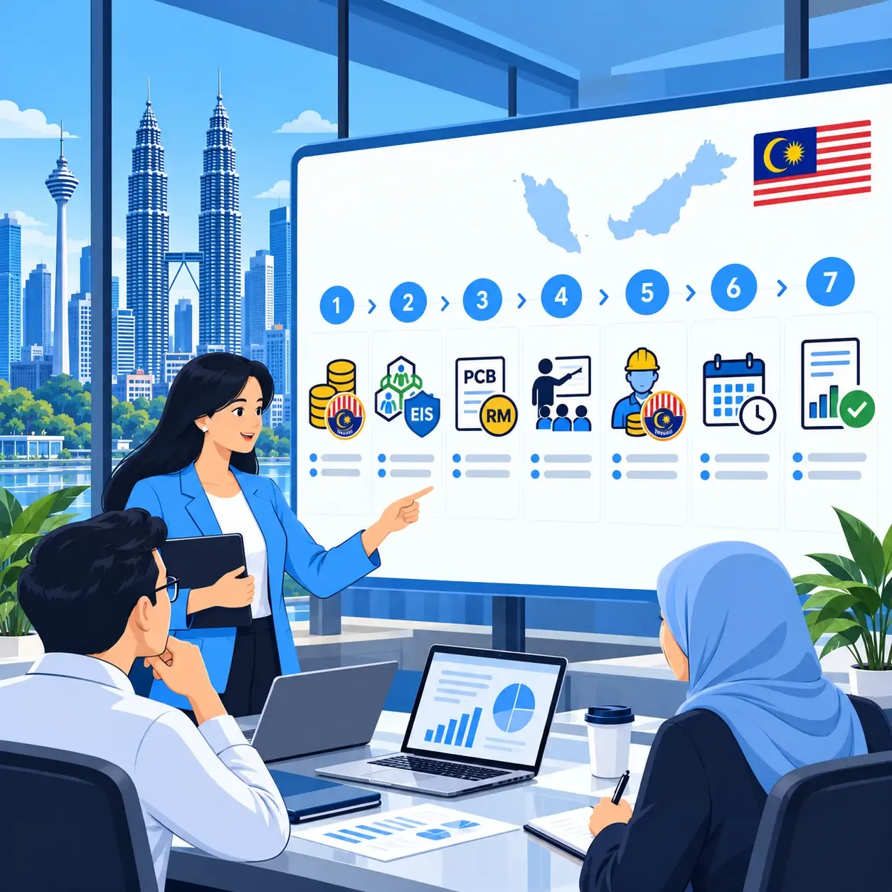 Malaysian HR professionals reviewing a simplified payroll workflow in a modern office overlooking Kuala Lumpur, with visual icons representing EPF, SOCSO, EIS, PCB, HRD levy, payroll deadlines, and annual filings.