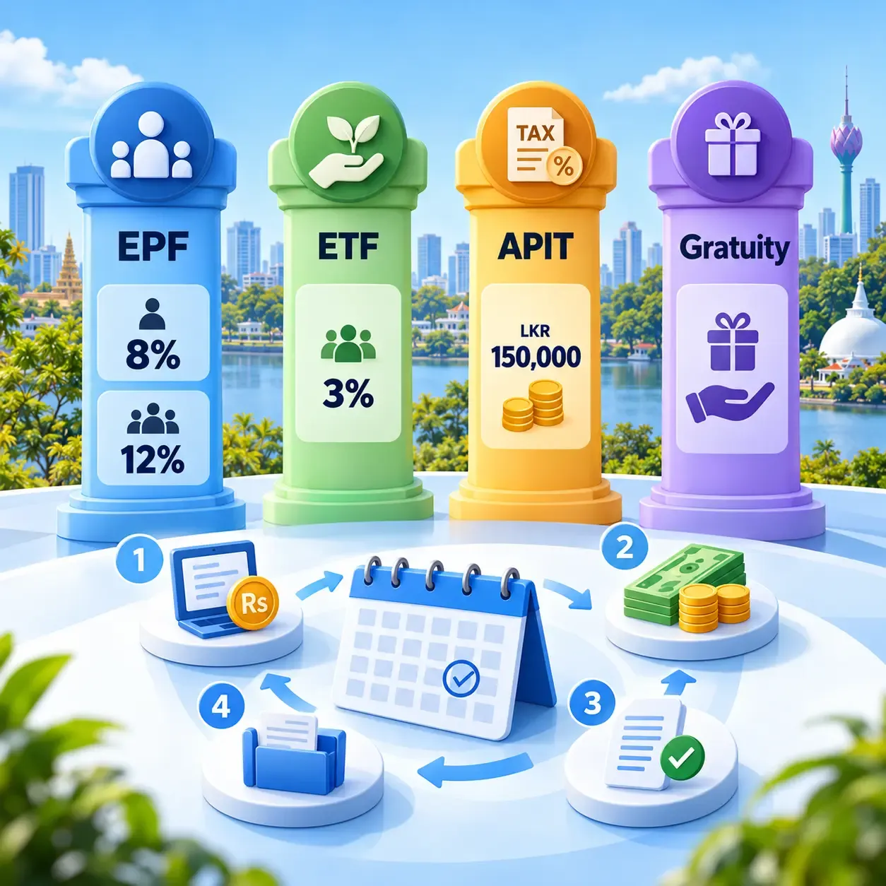 A colourful 3D infographic illustrating Sri Lanka’s four payroll pillars: EPF (8% employee and 12% employer contributions), ETF (3% employer contribution), APIT (LKR 150,000 monthly relief), and gratuity. A circular workflow below uses icons for payroll processing, payments, compliance checks, and recordkeeping, set against a Sri Lankan-inspired city skyline.