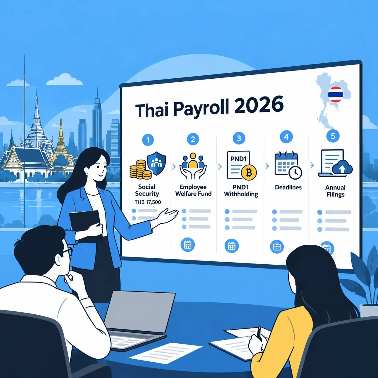 Thai payroll professionals reviewing the 2026 payroll process, including social security contributions, the Employee Welfare Fund, PND1 tax withholding, payment deadlines, and annual e-filings, illustrated on a presentation board against a blue Bangkok-inspired cityscape.