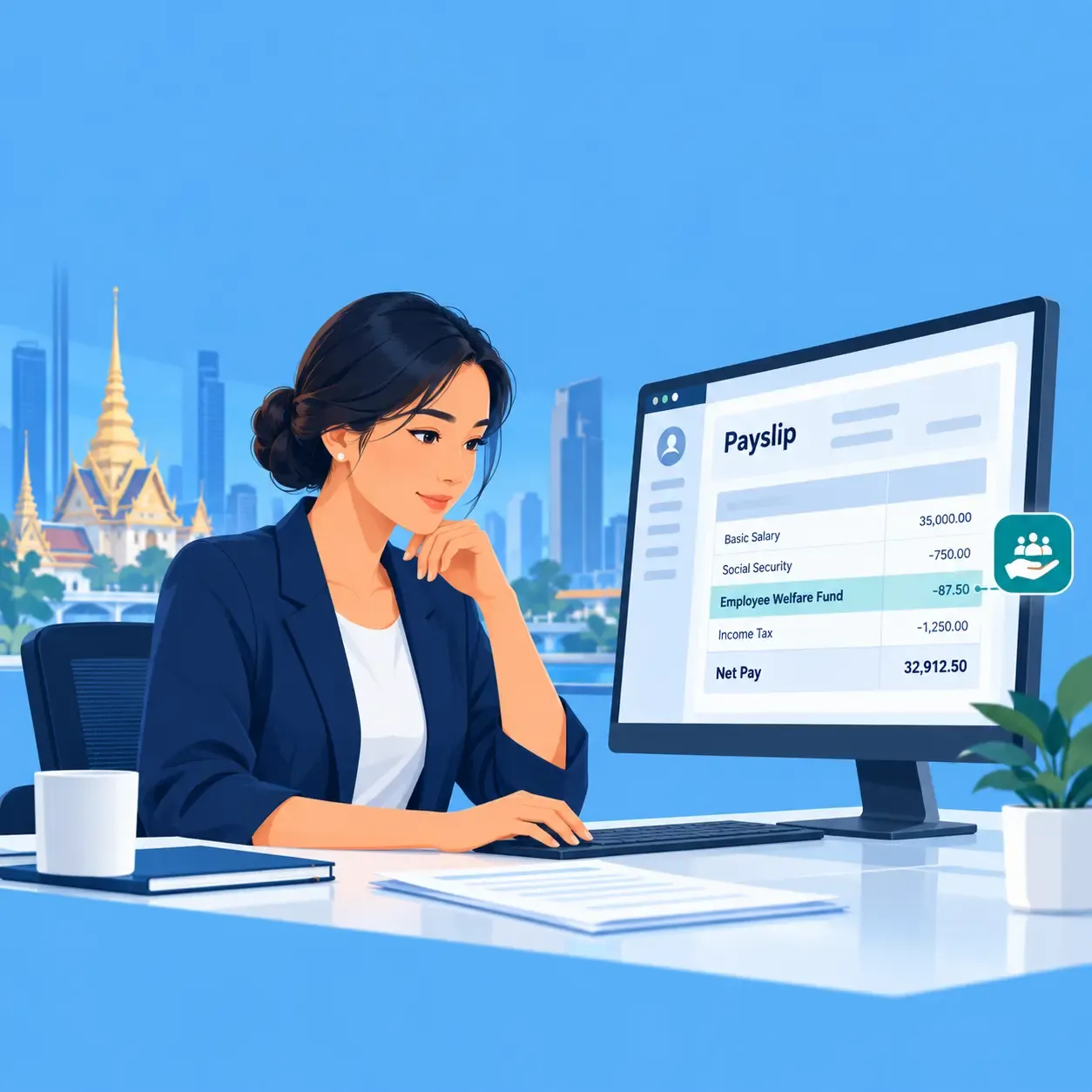 Thai Payroll Professional Reviewing Payslip