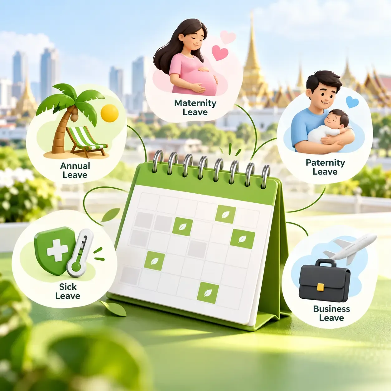 A modern green-themed infographic illustrating Thailand’s statutory leave entitlements, featuring a central calendar surrounded by icons representing annual, sick, business, maternity, and paternity leave. Designed with soft green accents (#8CC35B), a clean background, and subtle Thailand-inspired cityscape elements, highlighting the December 2025 Labour Protection Act amendments extending maternity leave to 120 days and introducing paternity leave.