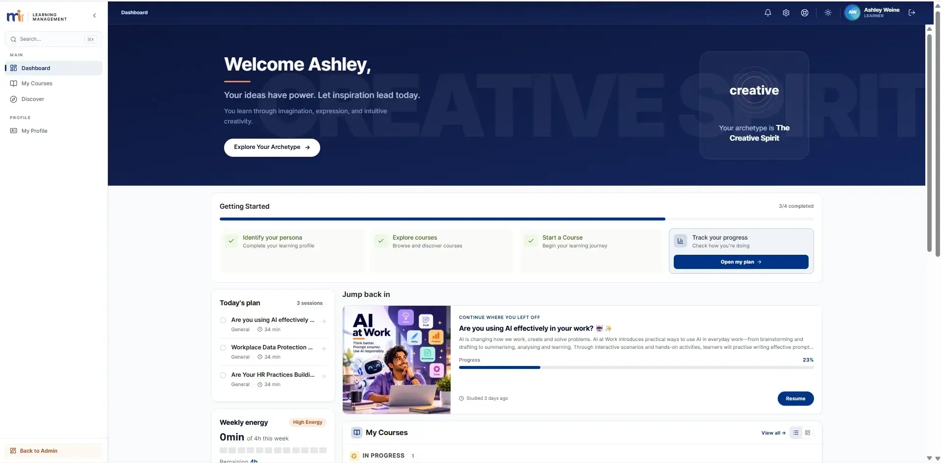 MiHCM LMS personalised learner dashboard showing courses, learning progress and recommendations