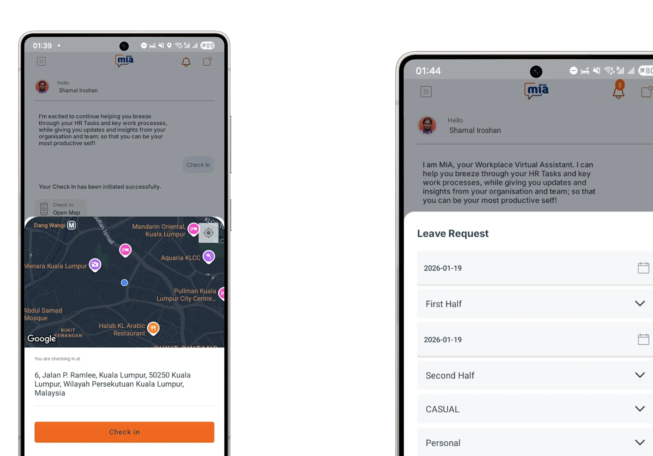 MiA ONE mobile timesheet and chat