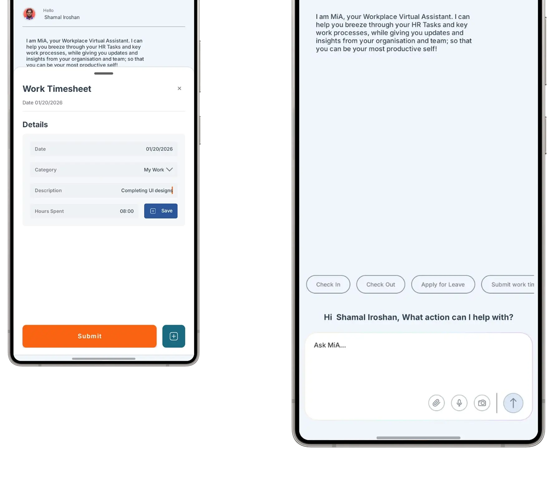 MiA ONE mobile check-in and leave requests